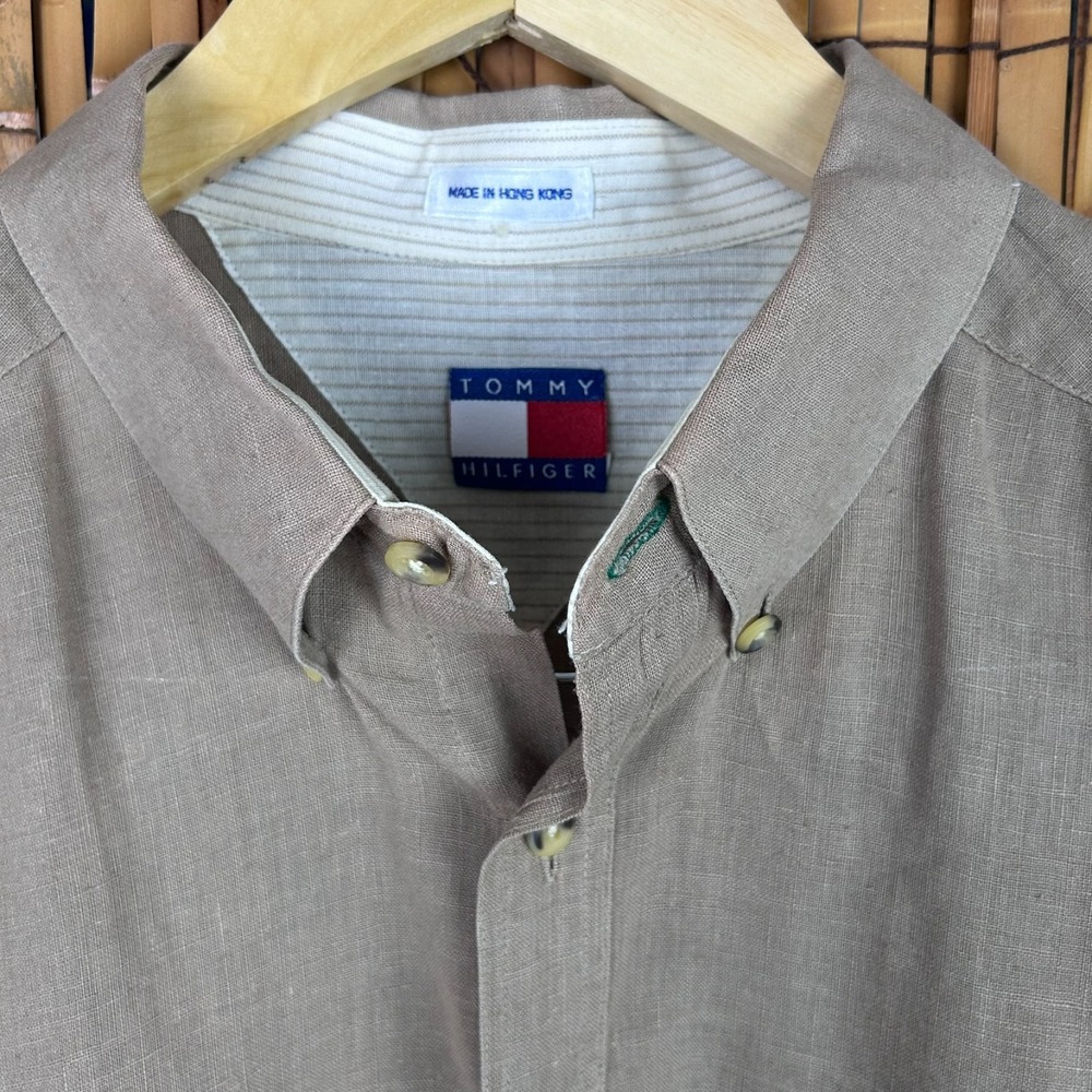 Tommy Hilfiger Men's Button Down Linen Safari Long Sleeve Shirt Khaki Size Large - Picture 4 of 16